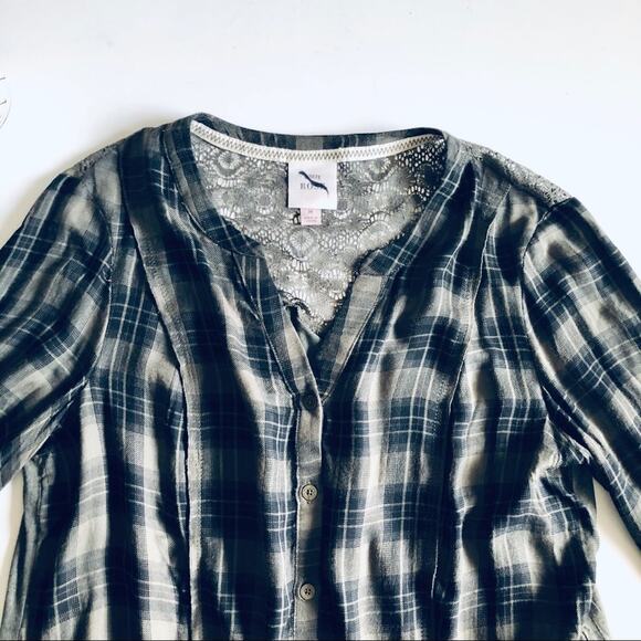 Knox Rose Women's M Button Down Plaid Lace Back Top Green Fall Boho - Picture 3 of 8